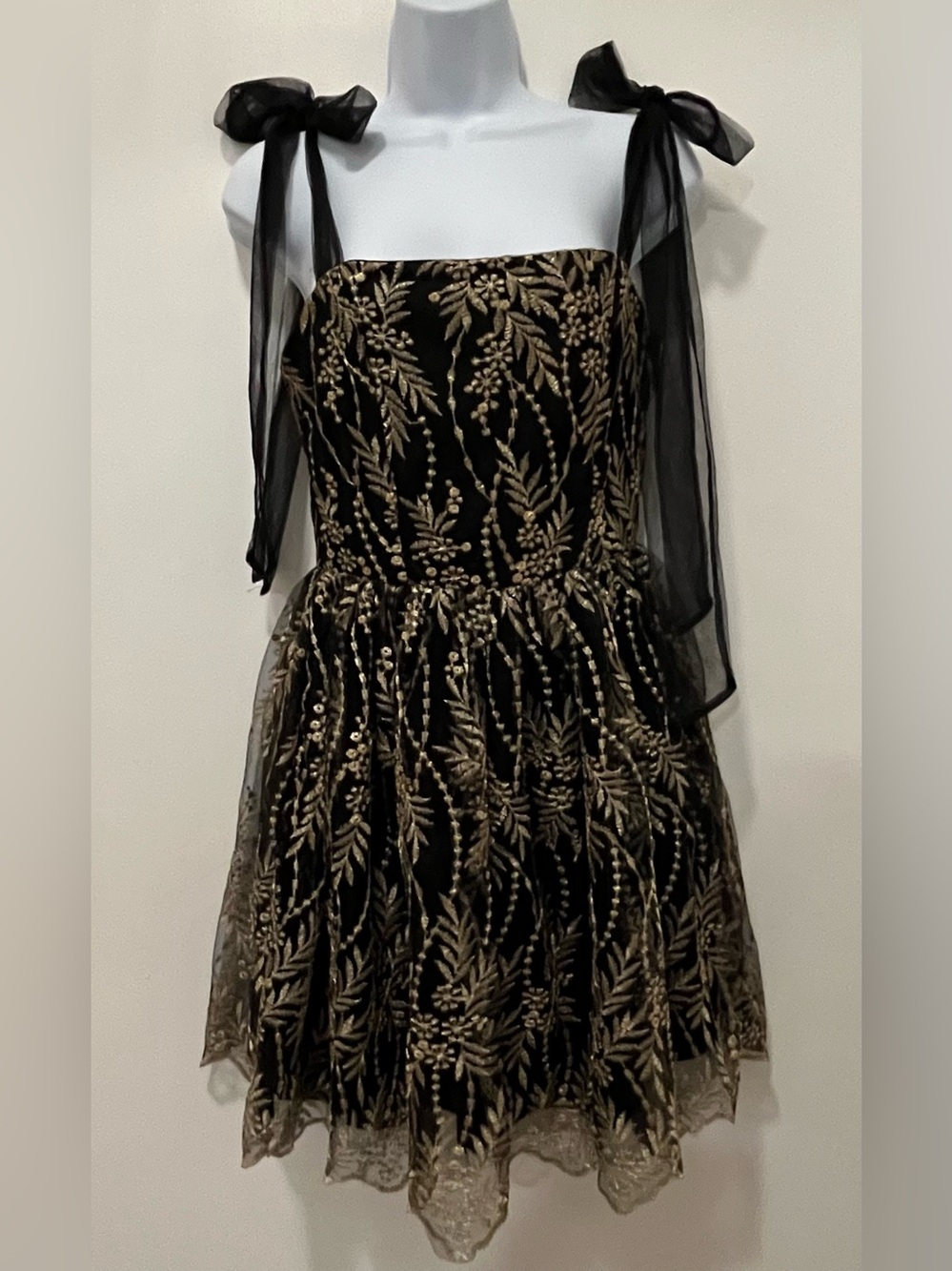 Francesca's Collections Black and Gold Strapless Embroidered Tie-Shoulder Dress